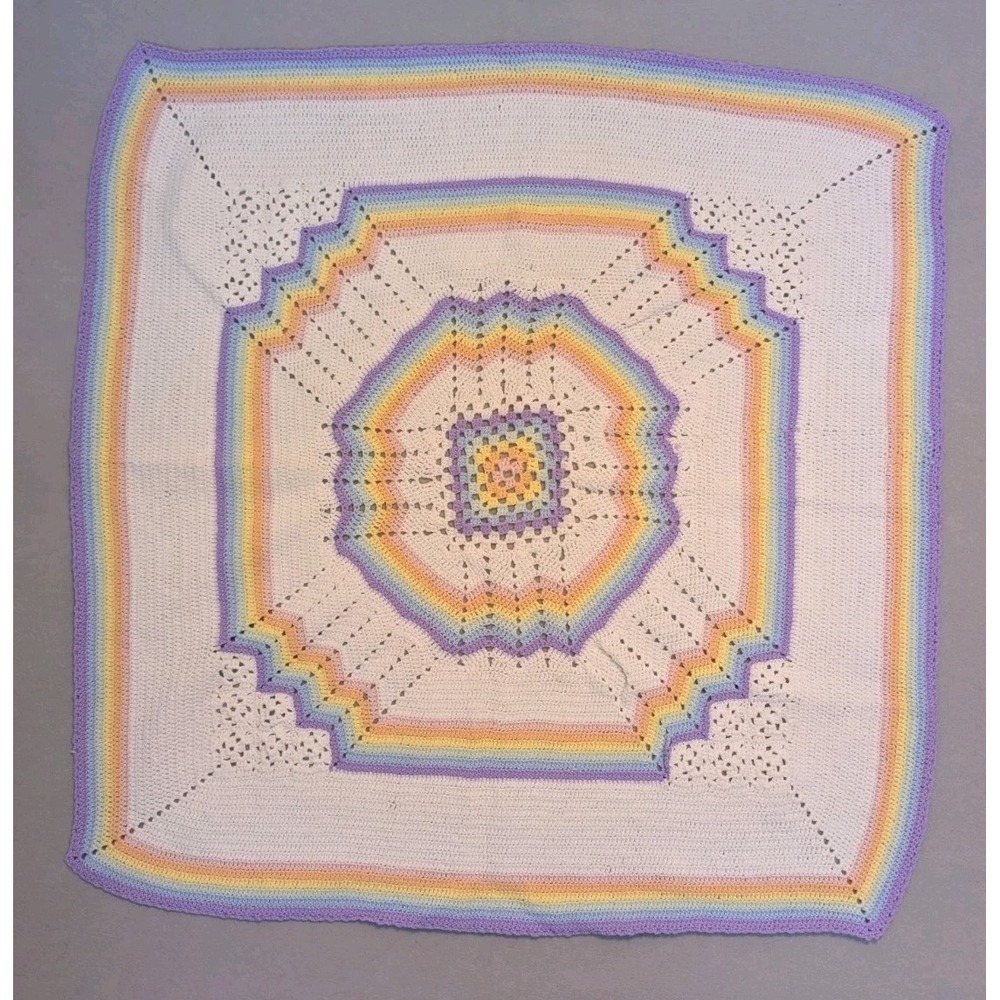 Vtg Crochet White & Pastel Rainbowβ Baby Blanket Finely Made 40"X40" Square